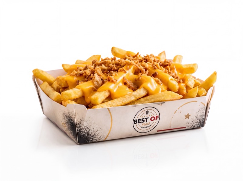 Barquette Frites cheddar oignons frits